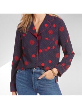1901 Button Up Long Sleeve Navy Blouse With Red Polka Dots Small NWOT